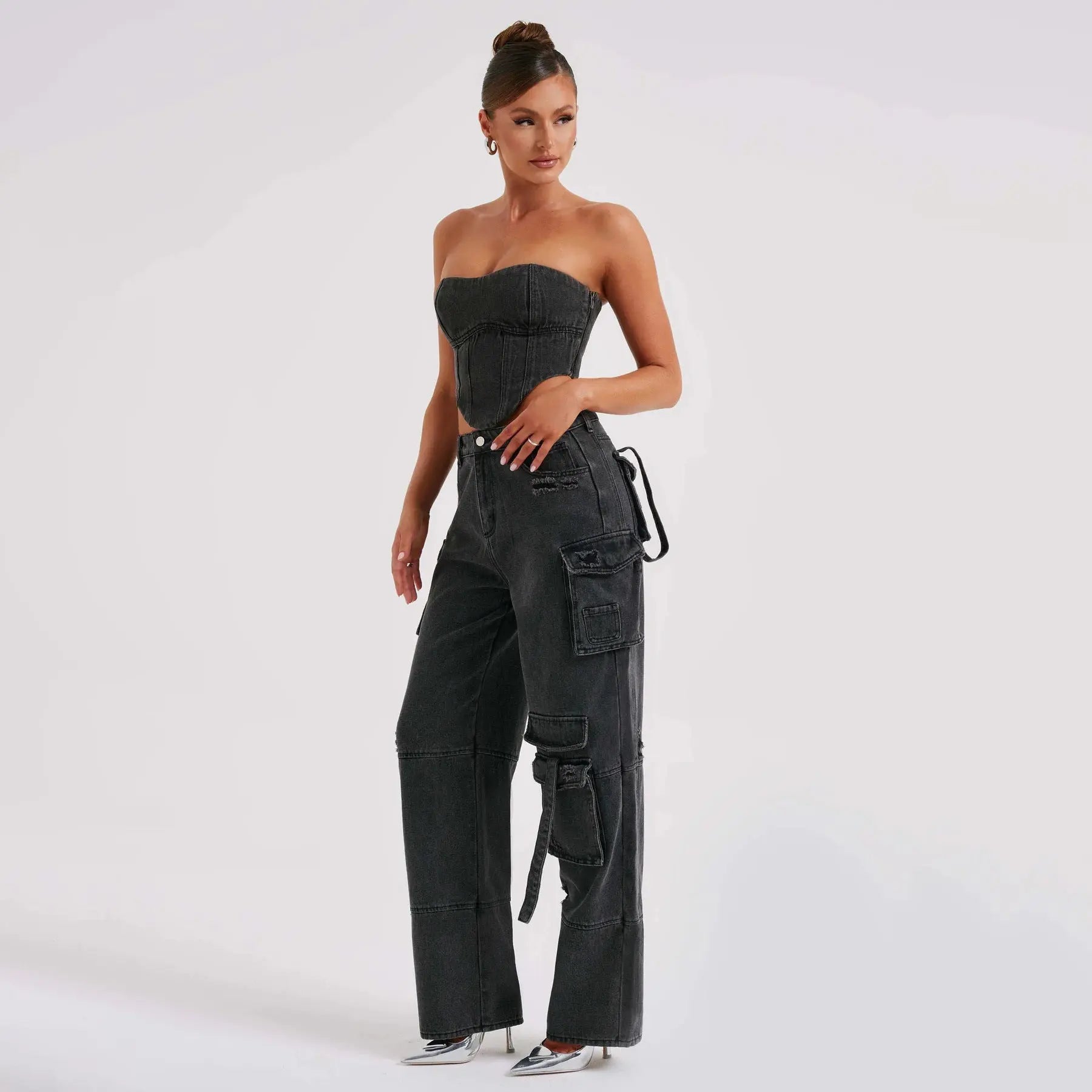 Women's Suit Low Waist Three-dimensional Tube Top And Pocket Stitching Jeans Pants Cjdropshipping