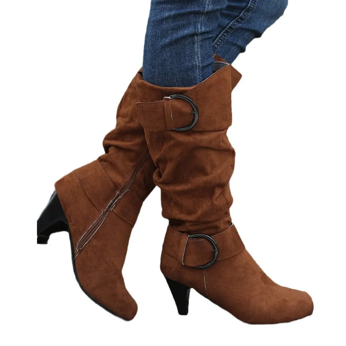 High Tube Below The Knee Round Head Buckle Women Boots JNi3 shop