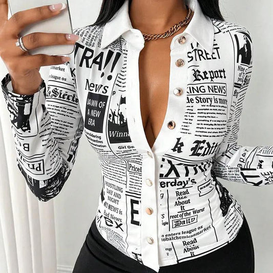 Women's Long Sleeve Casual Shirt - Spring&Fall Slim Fit Printed Blouse With Single Button Placket JNi3 shop