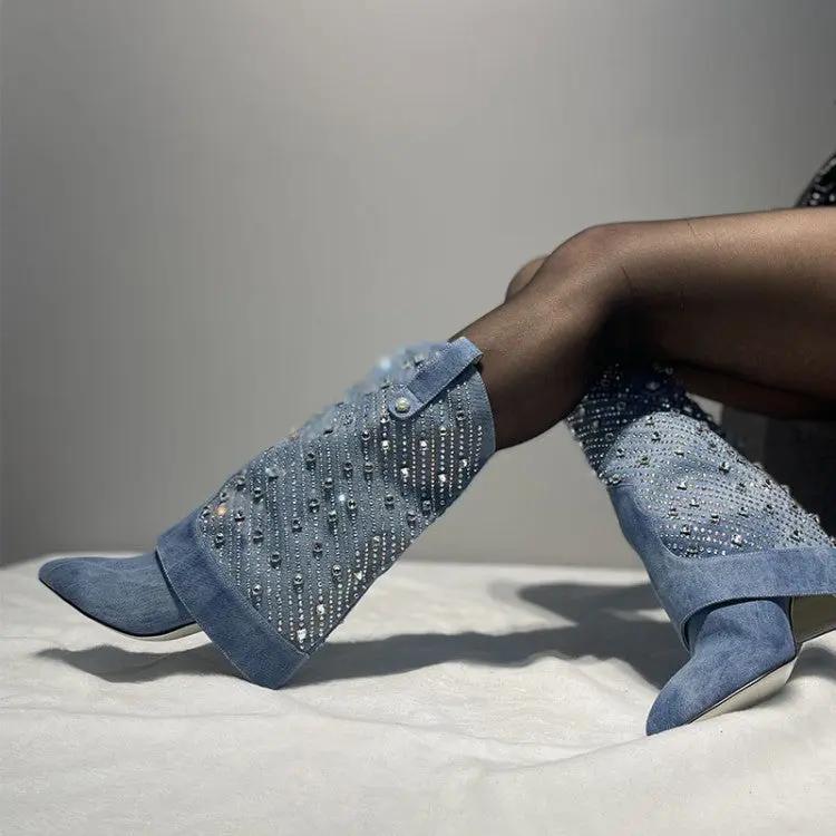 Heavy Industry Pointed Toe Stiletto Rhinestone Women's Boots Jeans Pipe Boots Cjdropshipping