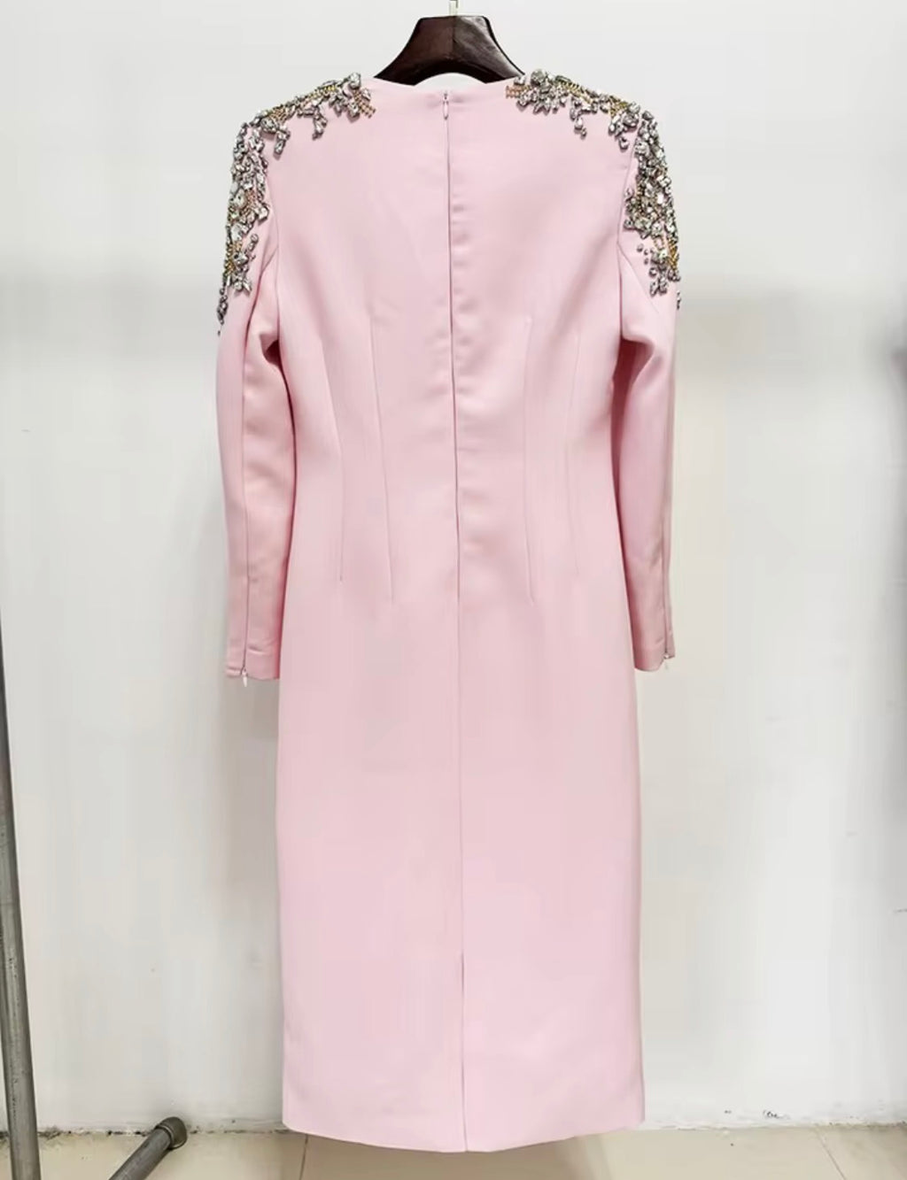 Elegance Crystal Beaded Shoulder Midi Dress, Long Sleeve Cocktail Party Dress, Luxury Formal Evening Gown