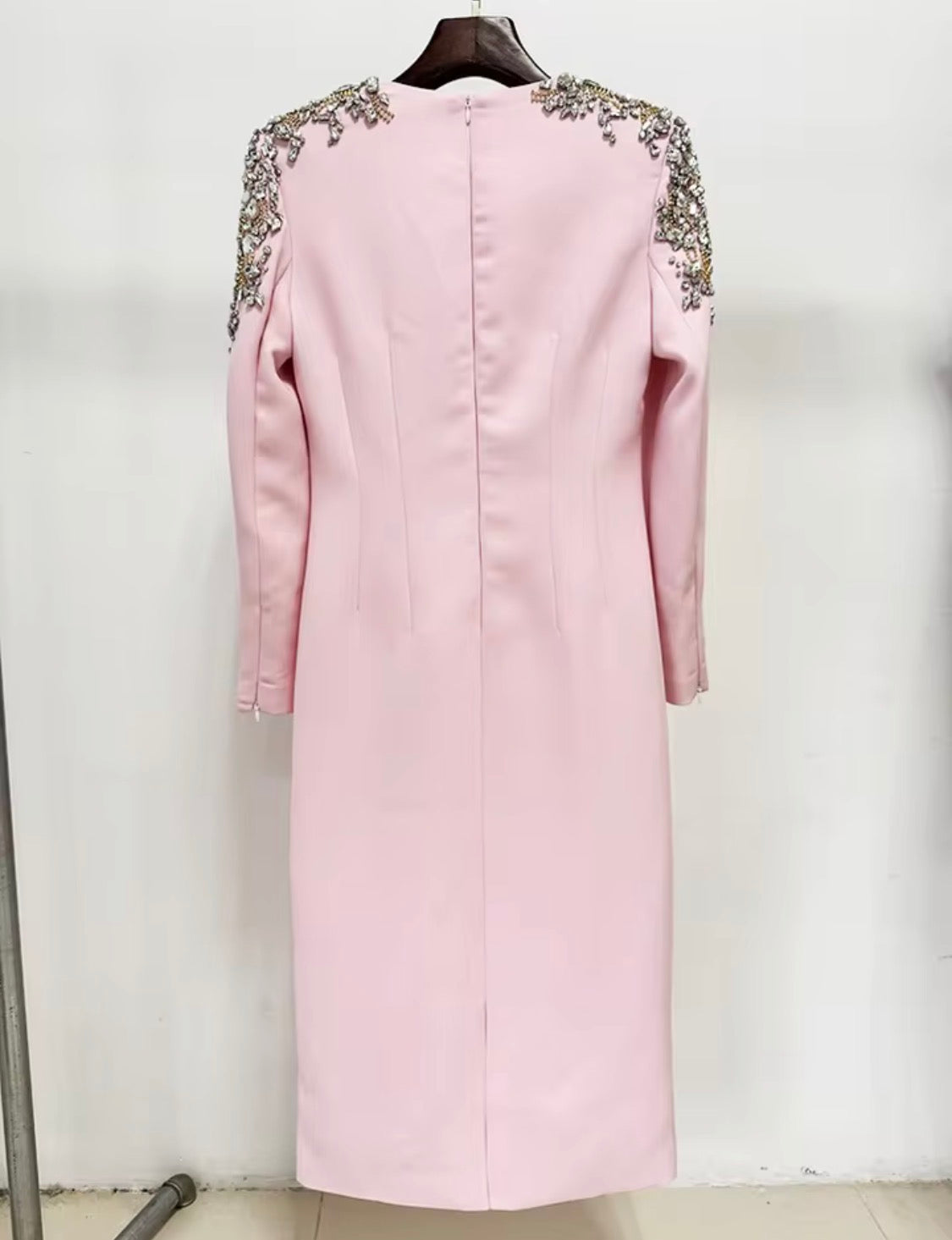 Elegance Crystal Beaded Shoulder Midi Dress, Long Sleeve Cocktail Party Dress, Luxury Formal Evening Gown