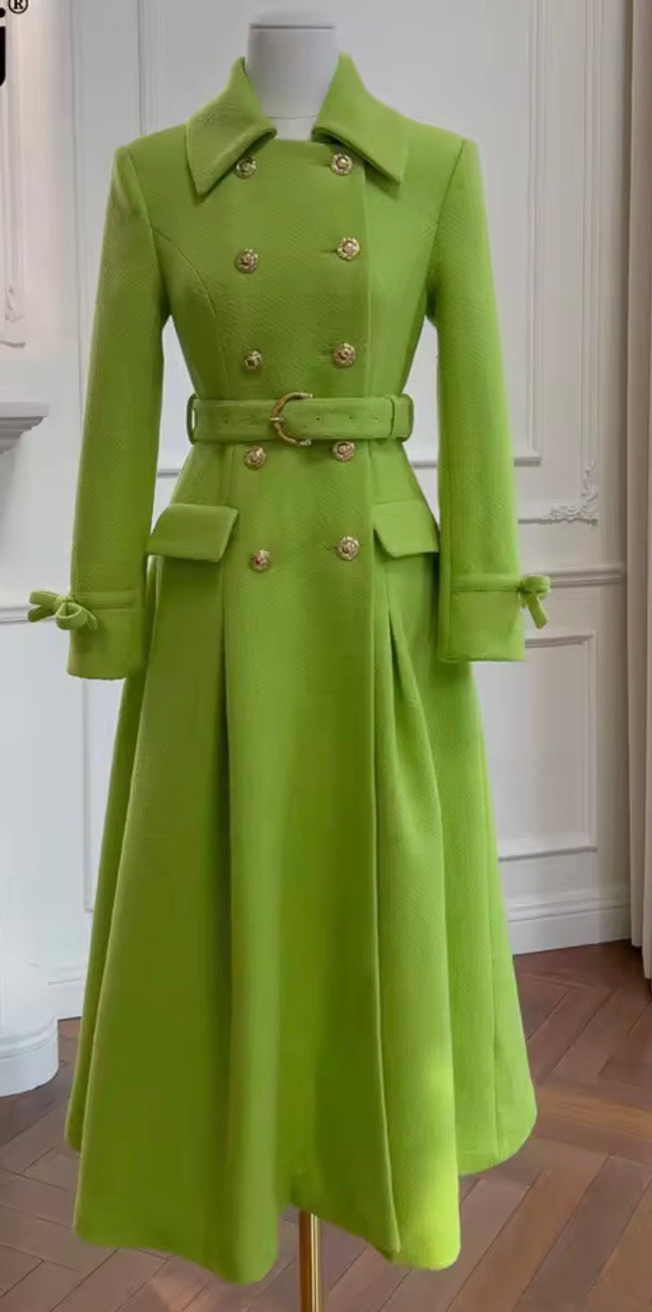 Lime Green Double Breasted Elegant Pleated A-Line Belted Woolen Trench Coat