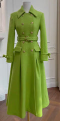 Lime Green Double Breasted Elegant Pleated A-Line Belted Woolen Trench Coat