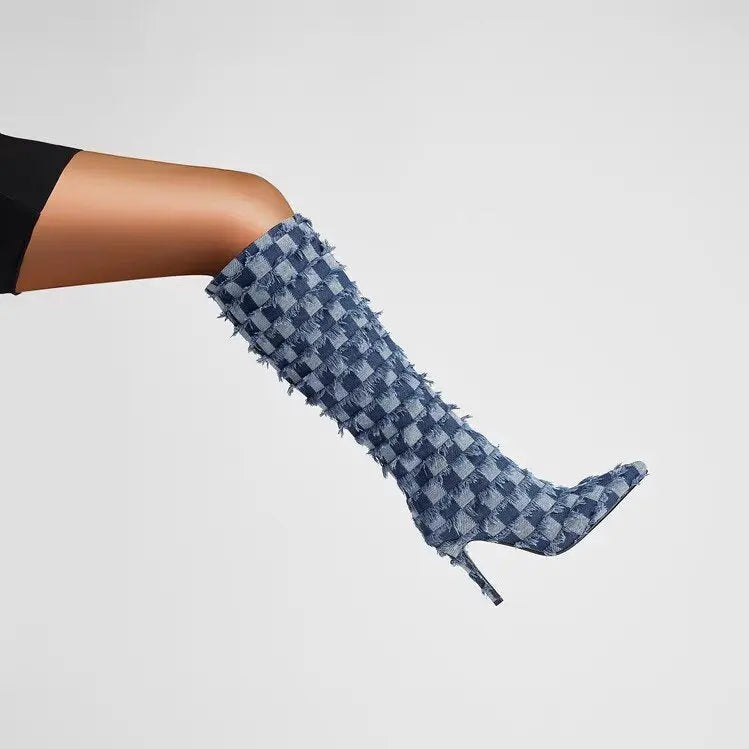Chessboard Plaid Denim Blue Cloth Women's Boots Dropshipman
