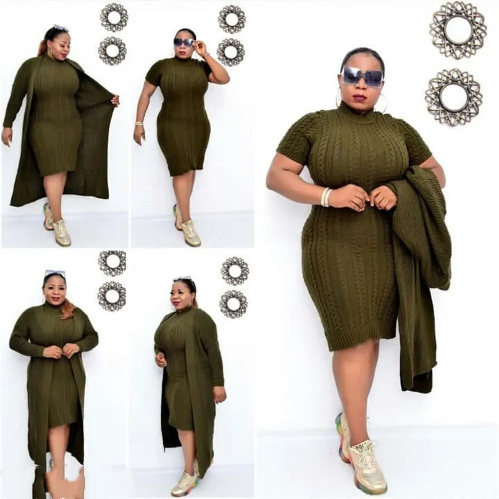 Women Big Size Knitted Dress Long Coat Two Piece Suit Cjdropshipping