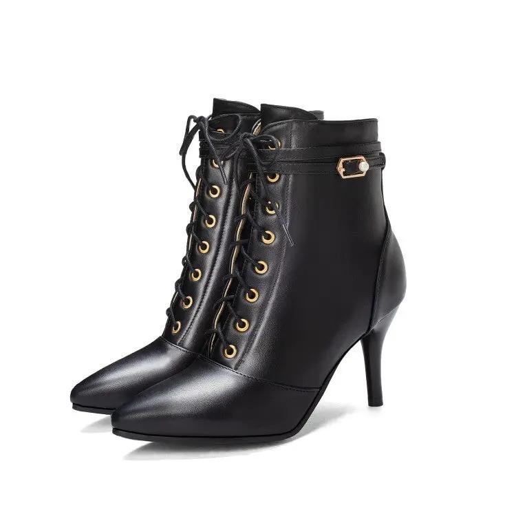 Lace-up belt buckle stiletto heel ankle boots Cjdropshipping