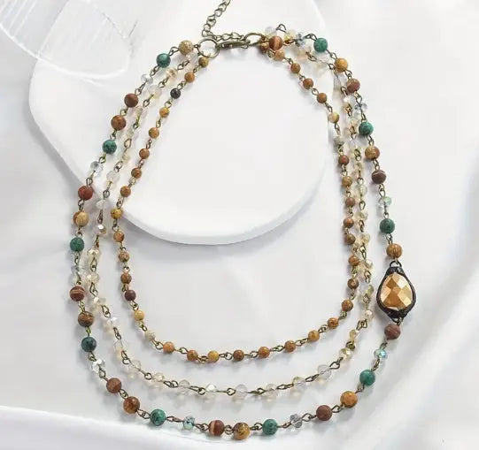 Fashion Bohemian Ethnic Style Multi-layer Natural Stone Glass Chain Curved Needle Necklace JNi3 shop