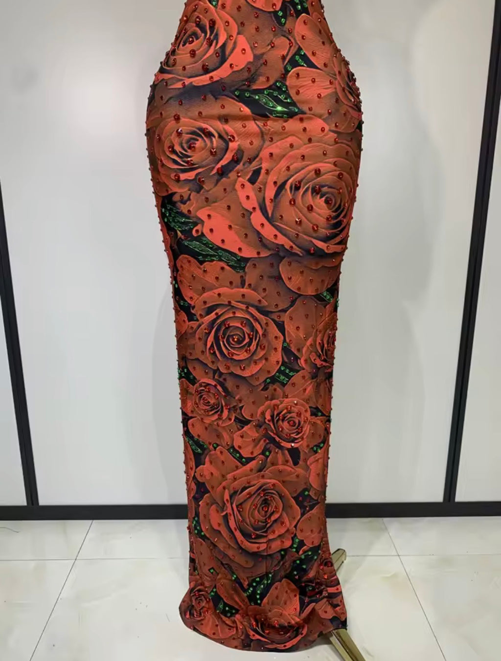 Red Rose Rhinestone Halter Maxi Dress | Floral Mesh Bodycon Evening Gown | Glam Formal Party Dress | Floor Length Backless Dress | Elegant Dress