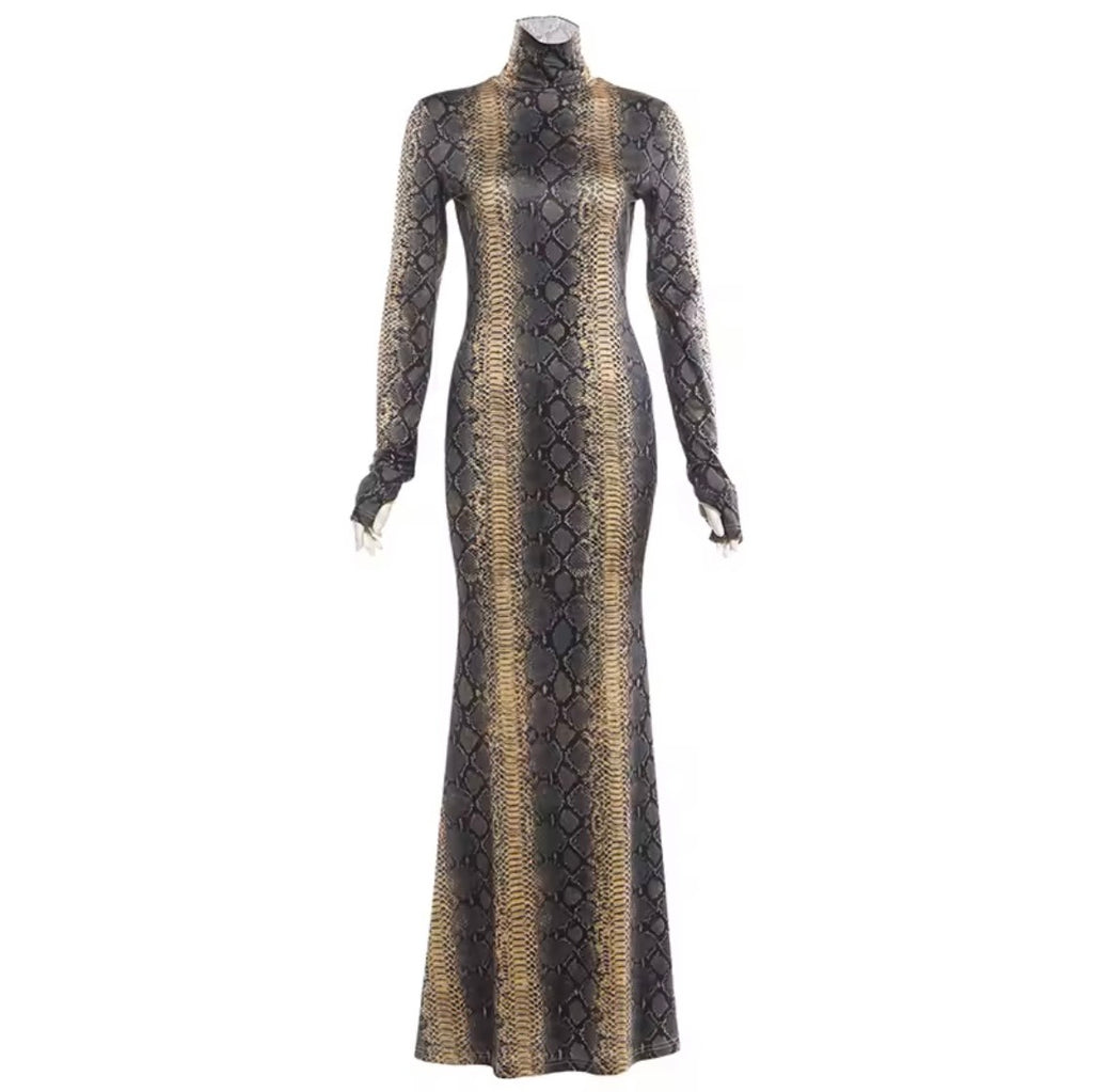 Serpentine Ensemble: Snake Print Maxi Dress, Charcoal Handbag & Stilettos | Complete Outfit, Animal Print Fashion