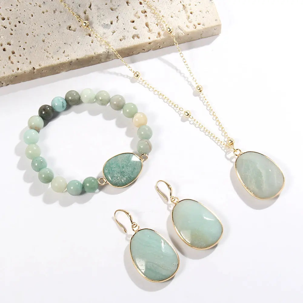 Gold Chain Necklace Natural Stone Bracelet Earrings Women's Jewelry Set Cjdropshipping