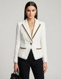 White Tweed Blazer with Black & Gold Chain Trim | Luxury Fringe Trim Jacket | Designer Inspired Chic Tailored Outerwear