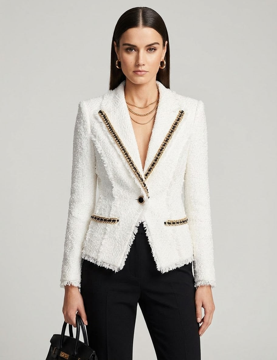 White Tweed Blazer with Black & Gold Chain Trim | Luxury Fringe Trim Jacket | Designer Inspired Chic Tailored Outerwear