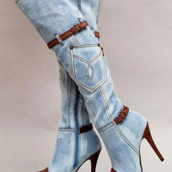 Women's Denim Plus Size Boots Stitching High Heel Knee-high Boots Dropshipman