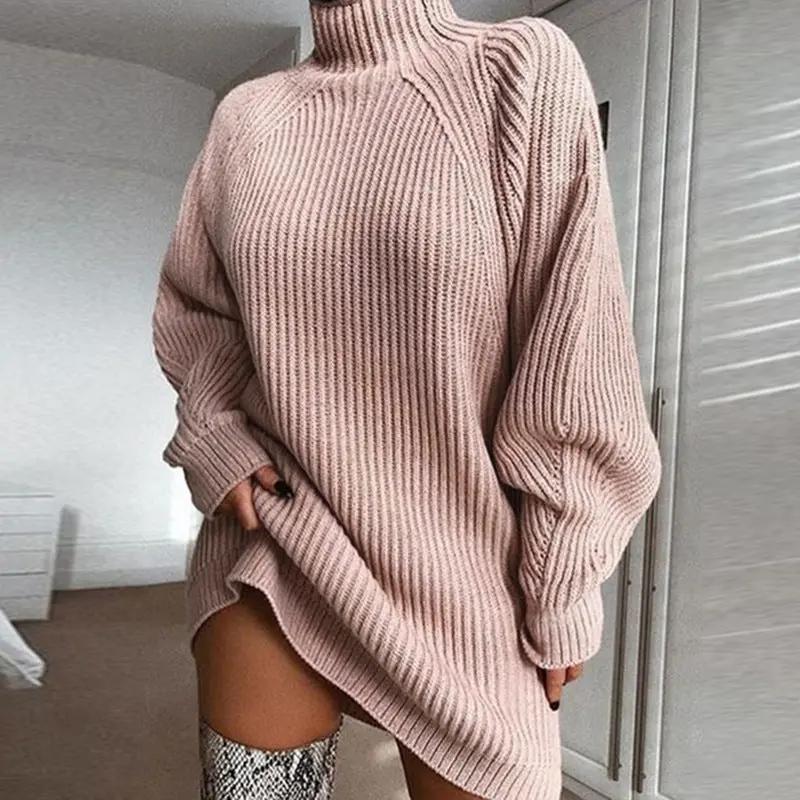 Solid Turtleneck Long Sweater Winter Warm Women Sweater Dress Cjdropshipping