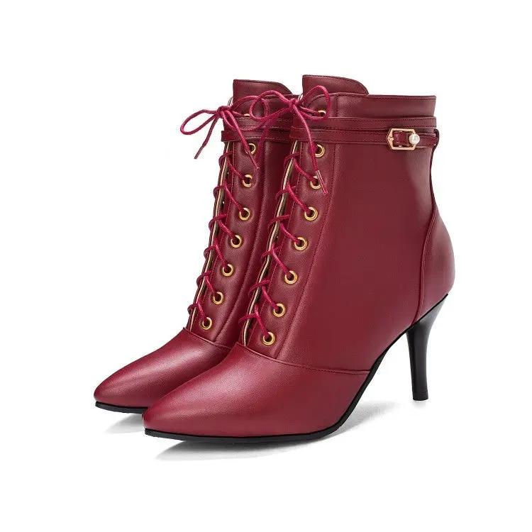 Lace-up belt buckle stiletto heel ankle boots Cjdropshipping