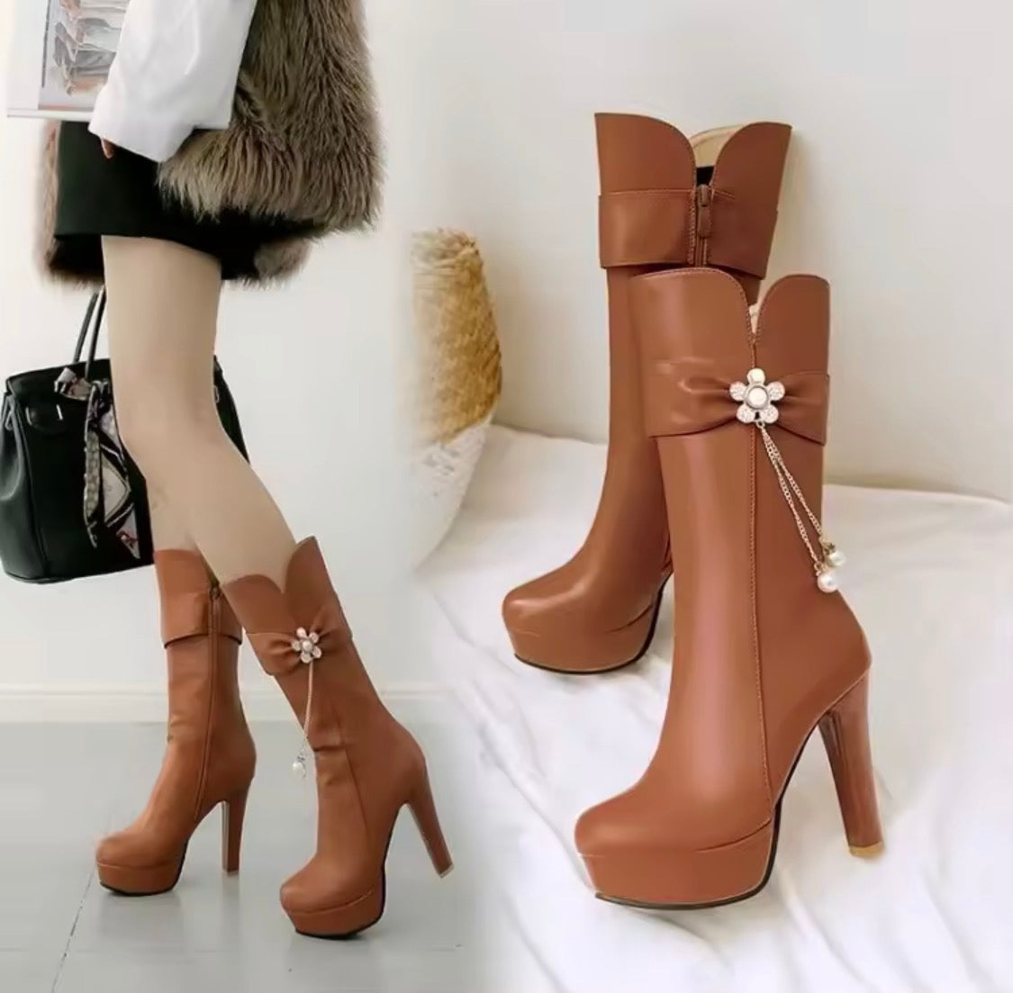 Women’s High Heel Platform Mid-Calf Boots – Elegant Bow Pearl Tassel Dress Boots