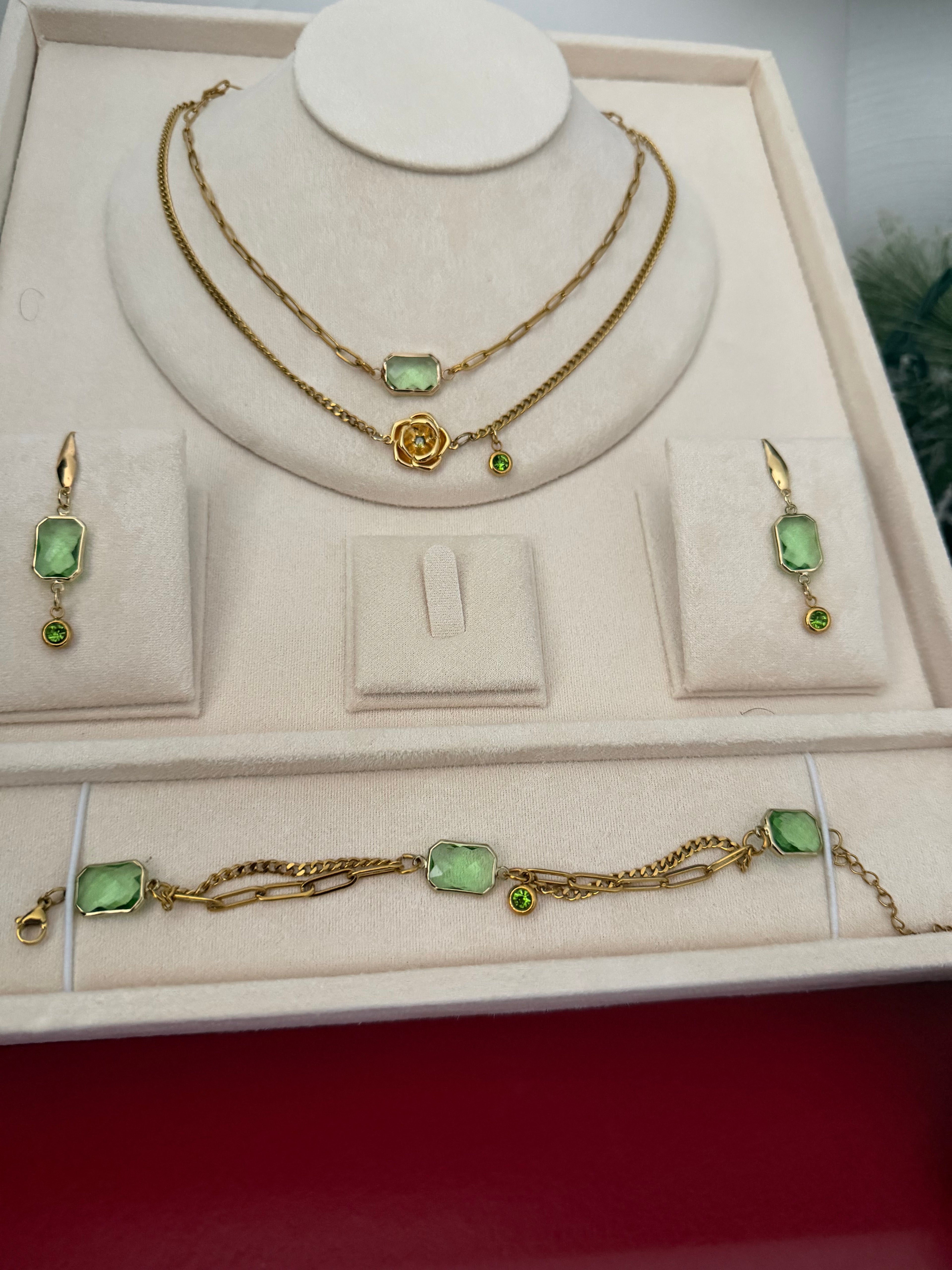 18k Gold PVD Birth Month double layered pendant Necklace, Bracelet and Earrings 3 pce set.