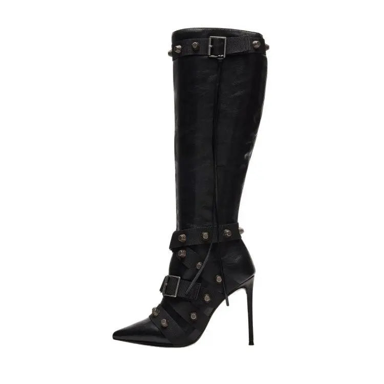 Metal Leathern Pointed Stiletto Heel High Leg Boot Rivet Dropshipman