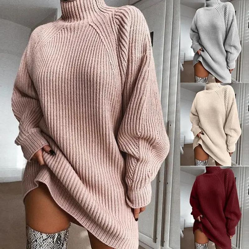 Solid Turtleneck Long Sweater Winter Warm Women Sweater Dress Cjdropshipping