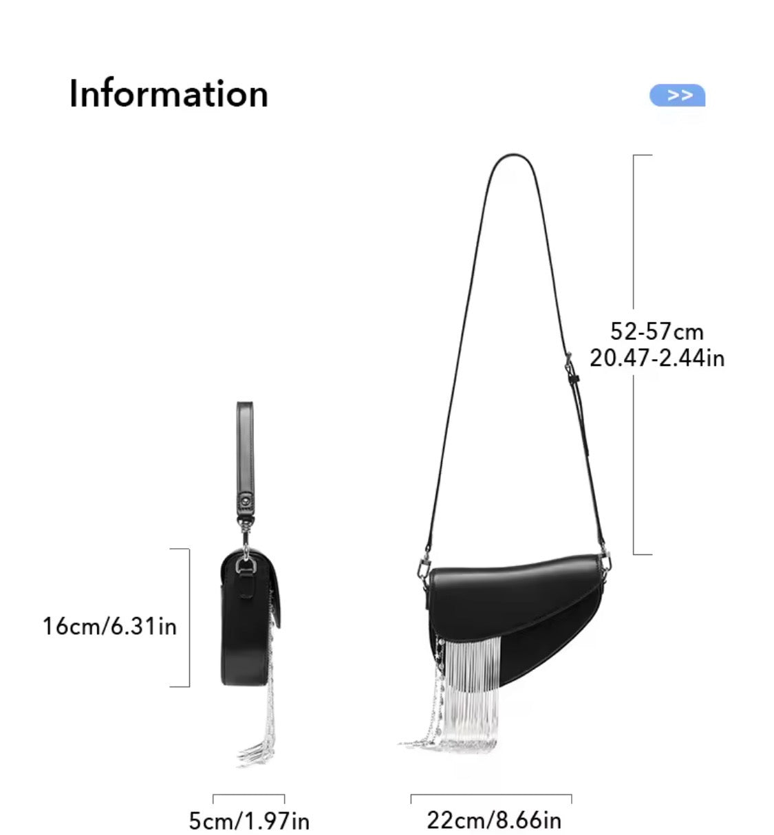 Bafelli Black Saddle Bag with Crystal Fringe & Silver Chain | Luxury Designer Handbags