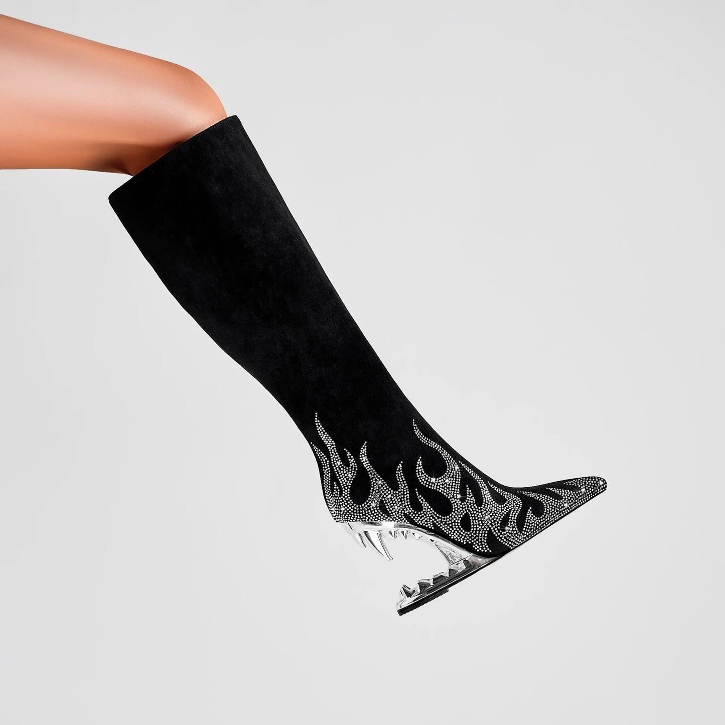 European And American Style Tiger Tooth Profiled Heel Skinny Stretch Boots Rhinestone Flame Dropshipman