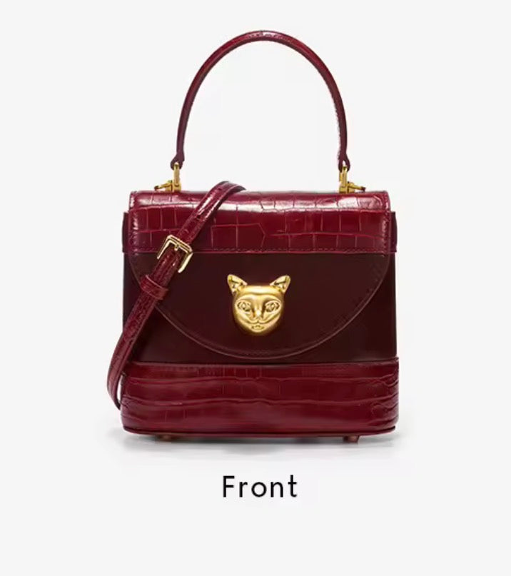 BAFELLI Designer Genuine Leather Crocodile Grain Bucket Bag – Luxury Cat Accent Crossbody Purse & Evening Shoulder Handbag
