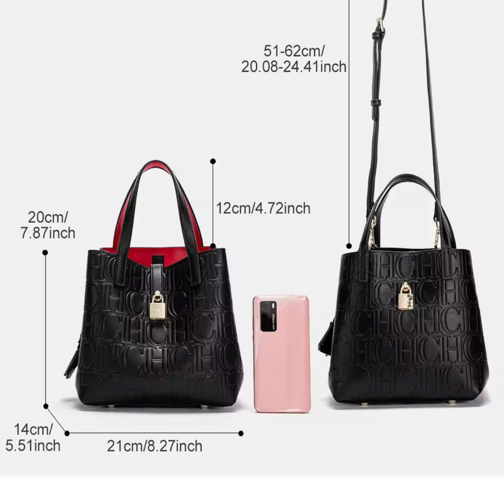 Designer-Inspired Embossed Monogram Tote Bag – Luxury PU Leather Top-Handle Handbag & Crossbody Purse with Lock Detail