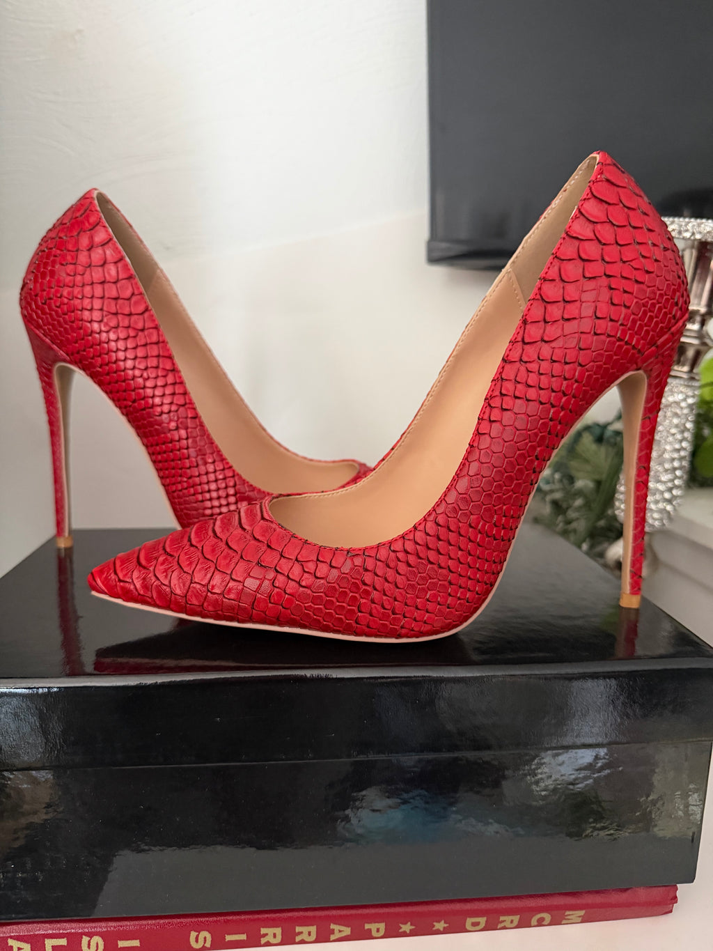 Red Snake print pumps
