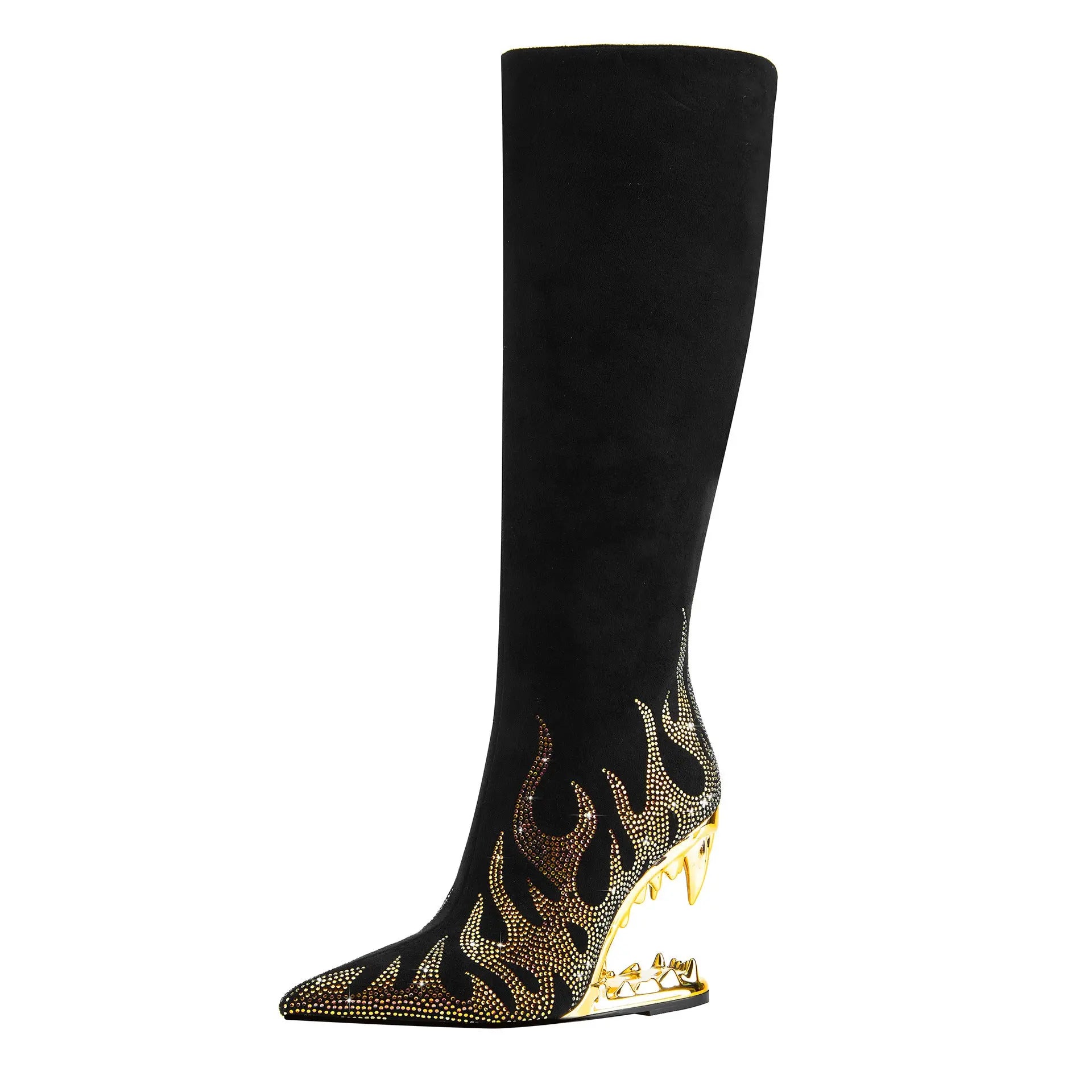 European And American Style Tiger Tooth Profiled Heel Skinny Stretch Boots Rhinestone Flame Dropshipman