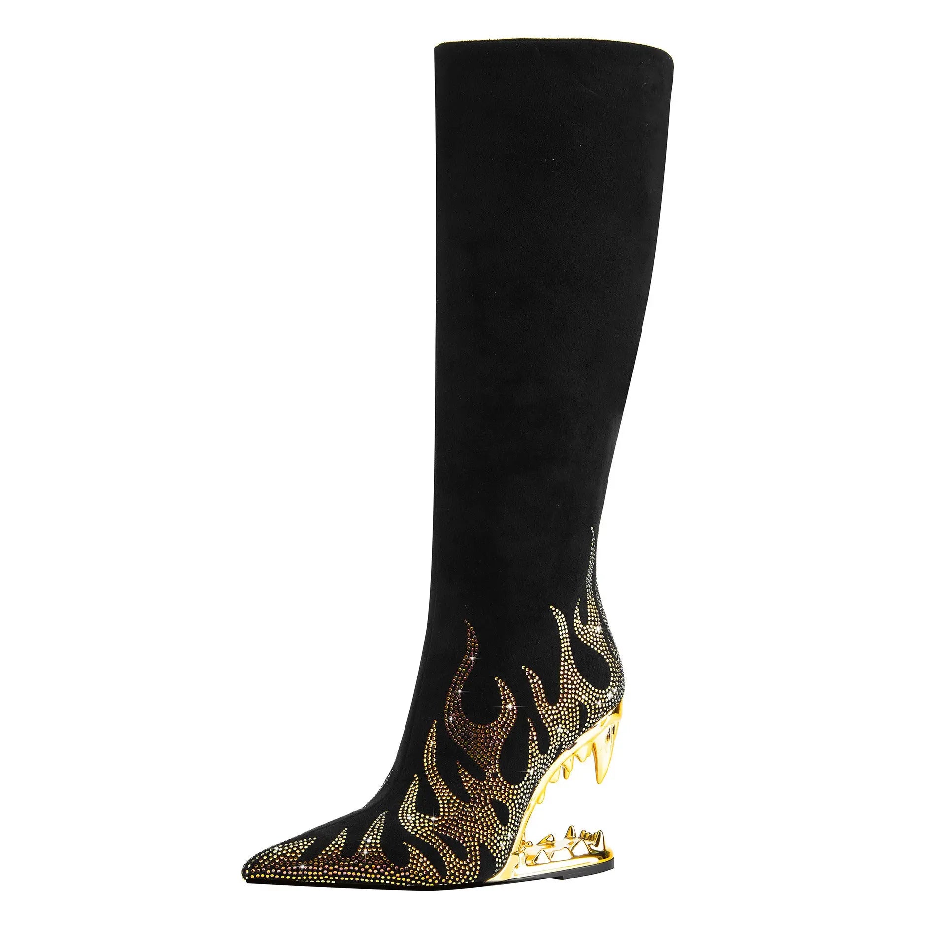 Tiger Tooth Profiled Heel Skinny Stretch Boots Rhinestone Flame Cjdropshipping