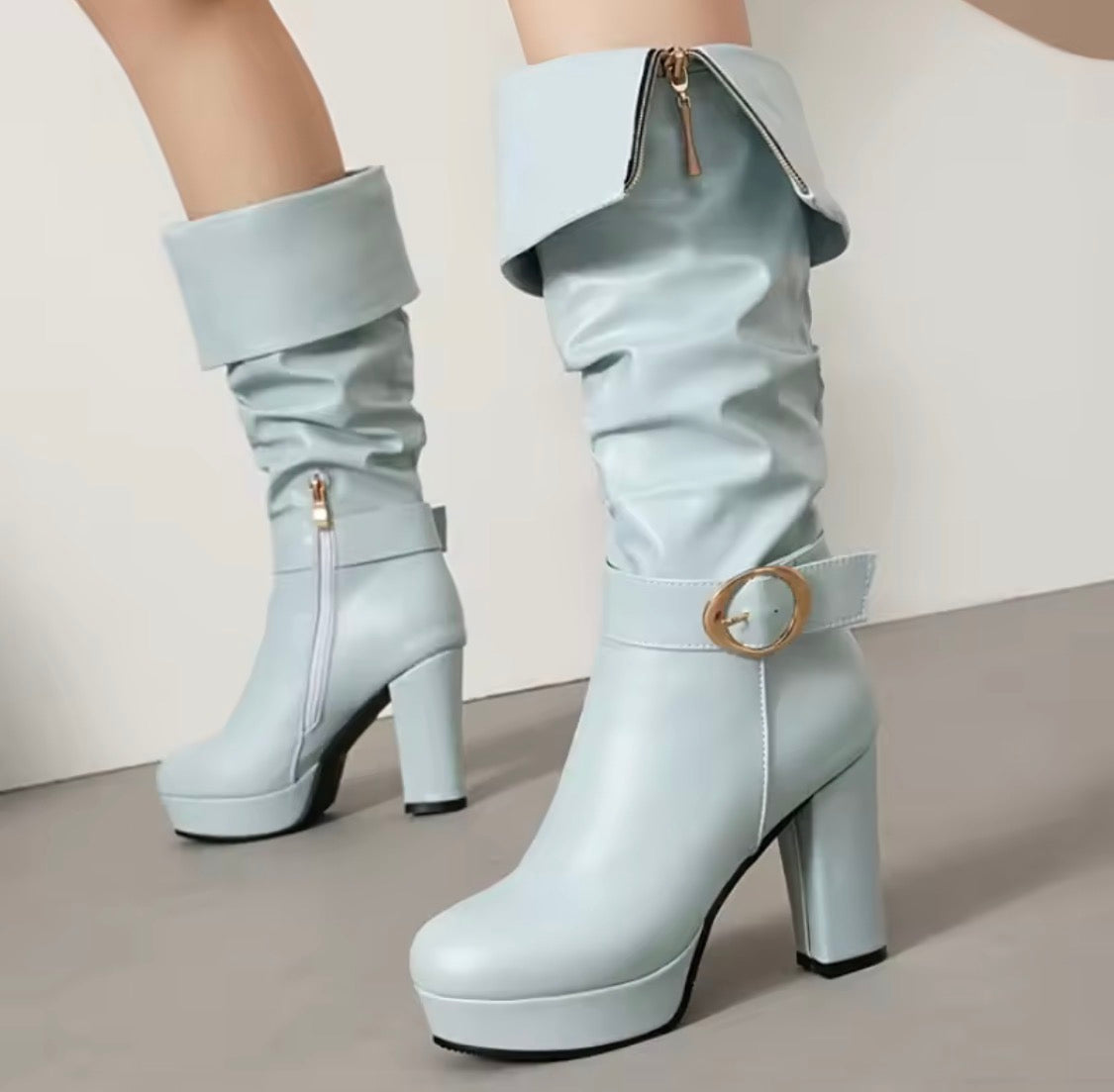 Women's Slouchy Knee High Boots Chunky High Heel Platform Buckle Strap Long Boots Side Zipper Dress Booties