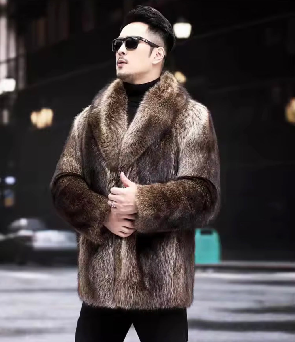 Men’s Faux Fur Coat – Winter Thick Warm Shaggy Overcoat, Vintage Lapel Collar Fluffy Jacket for Cold Weather