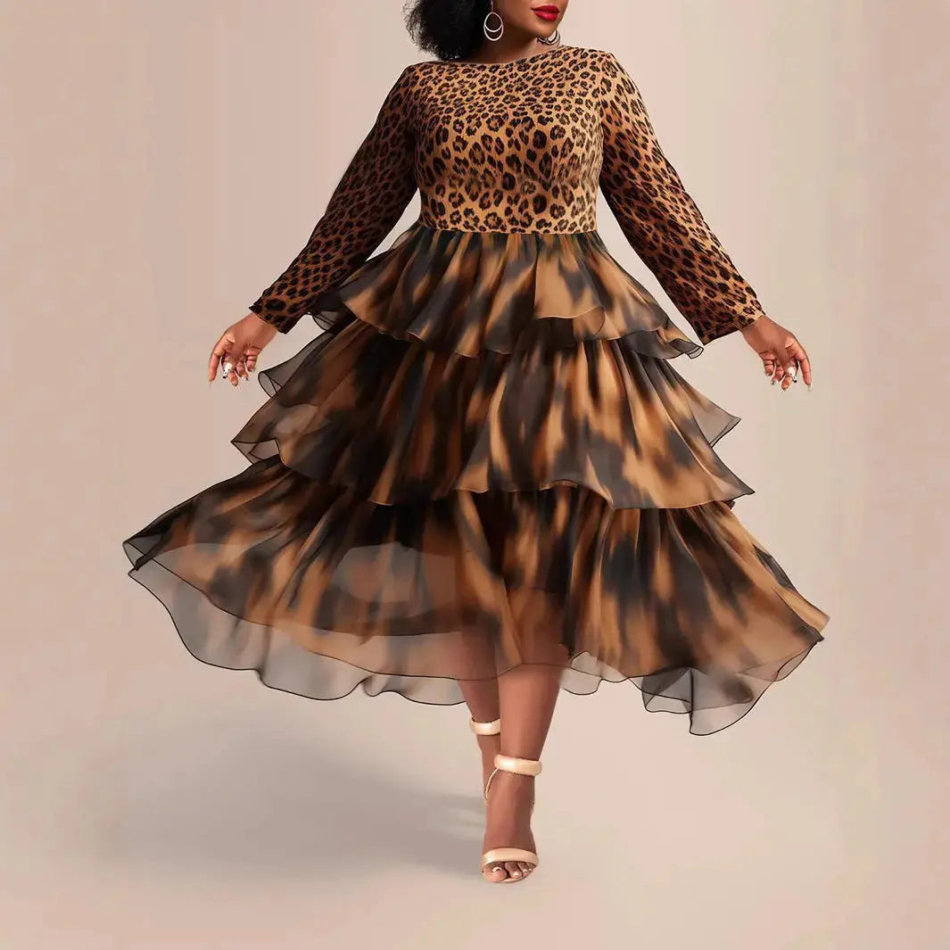 Elegant Leopard Print Cake Dress Plus Size Long Sleeve JNi3 shop