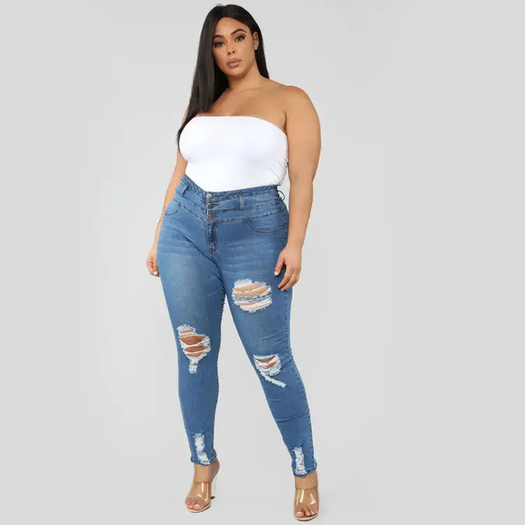 High waist ripped large size fat jeans JNi3 shop