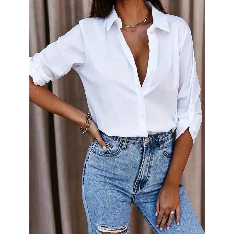 Women's Casual Long Sleeve Button-Down Shirt With Roll-Up Sleeves, Stylish Mid-Length Blouse For Everyday Wear JNi3 shop