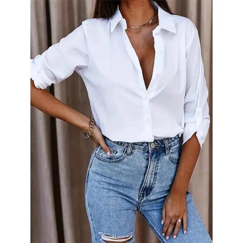 Women's Casual Long Sleeve Button-Down Shirt With Roll-Up Sleeves, Stylish Mid-Length Blouse For Everyday Wear JNi3 shop