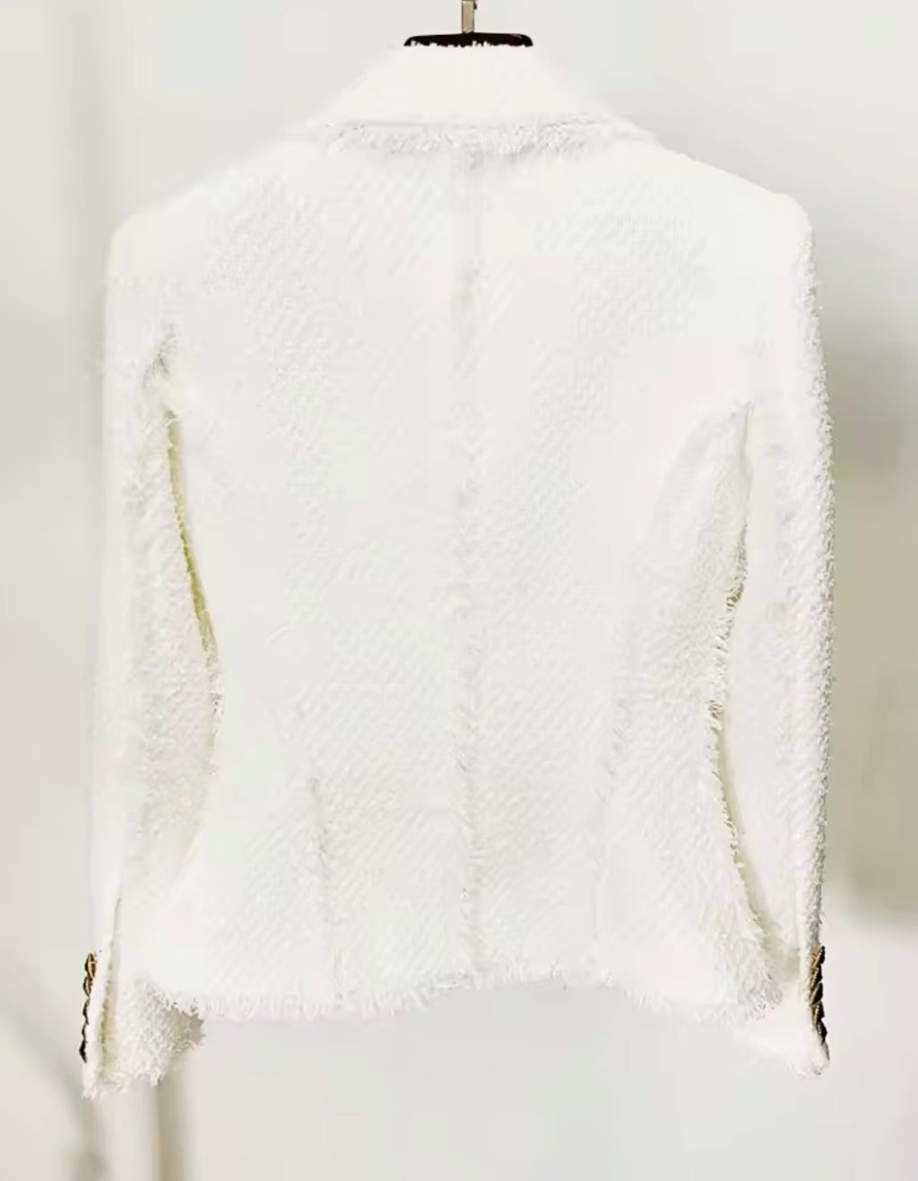 White Tweed Blazer with Black & Gold Chain Trim | Luxury Fringe Trim Jacket | Designer Inspired Chic Tailored Outerwear