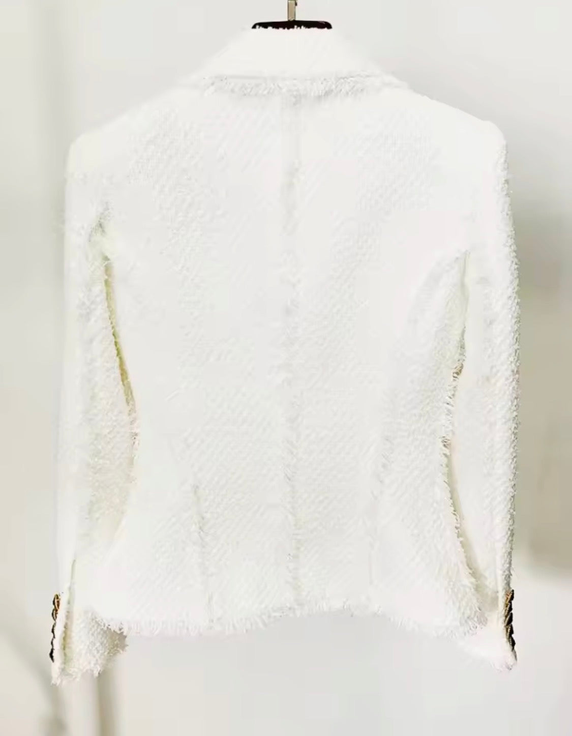White Tweed Blazer with Black & Gold Chain Trim | Luxury Fringe Trim Jacket | Designer Inspired Chic Tailored Outerwear