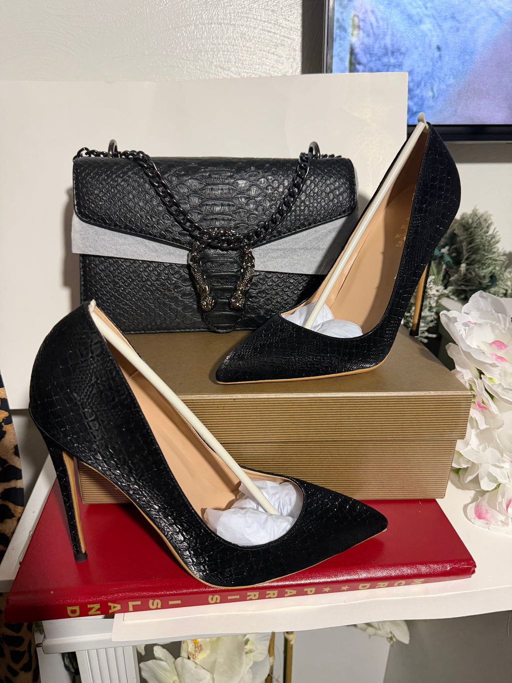 Luxe Croc-Effect Handbag & Stiletto Set - Formal Evening Wear Pumps - Wedding Guest Special Occasion