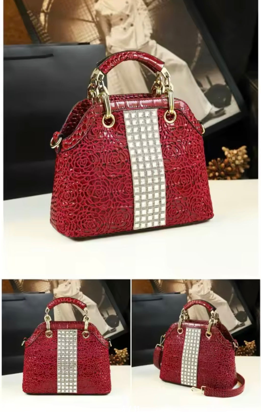 Luxury Crocodile Pattern Lacquer Leather Handbag – Rhinestone Diamond Inlaid Rose Embossed Single Shoulder & Crossbody Bag