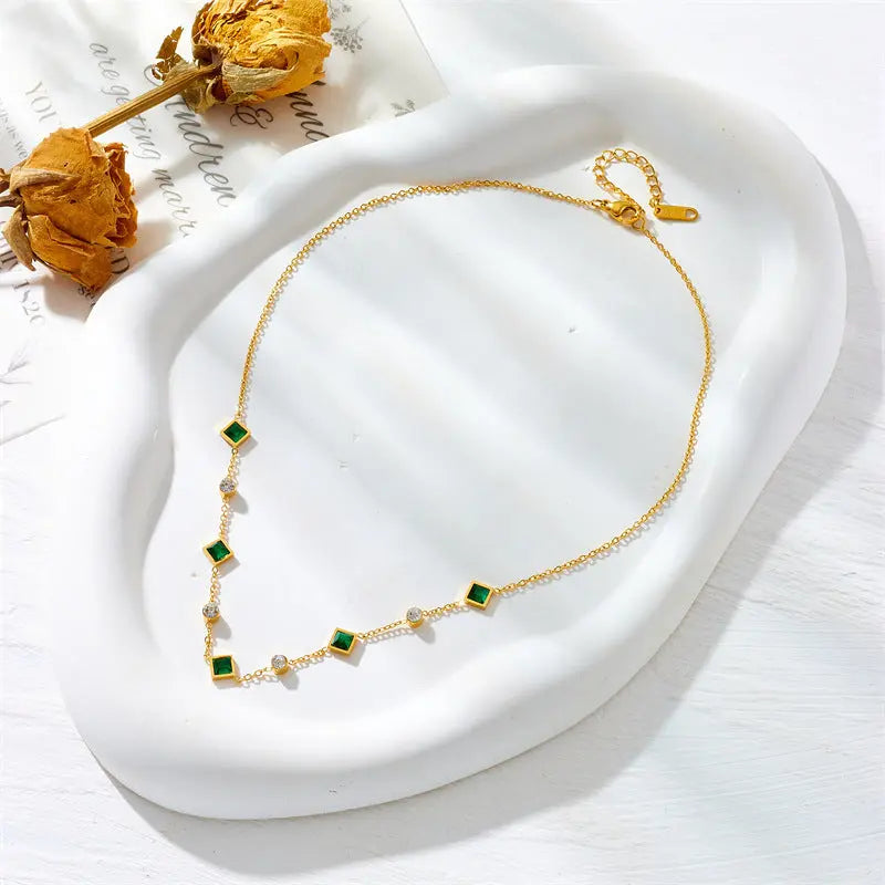 Stainless Steel Cube Emerald Zircon Personality Simple Niche Does Not Fade Necklace