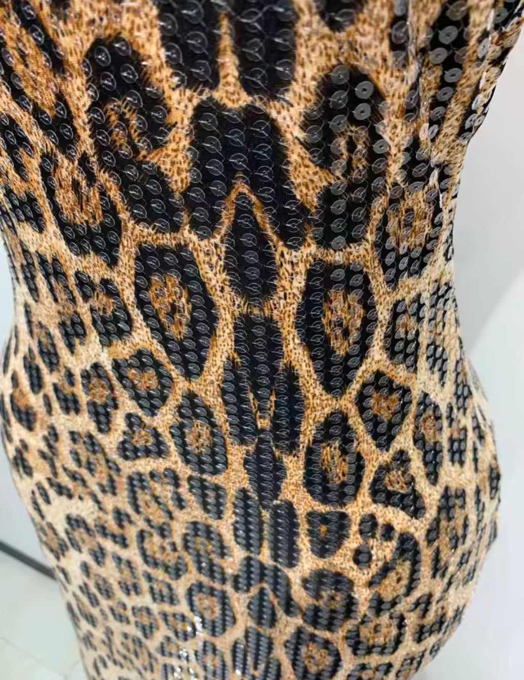 Sequin Leopard Print Prom Dress, Halter Neck Backless Evening Gown, Glam Mermaid High Collar Formal Dress, Animal Print Party Dress