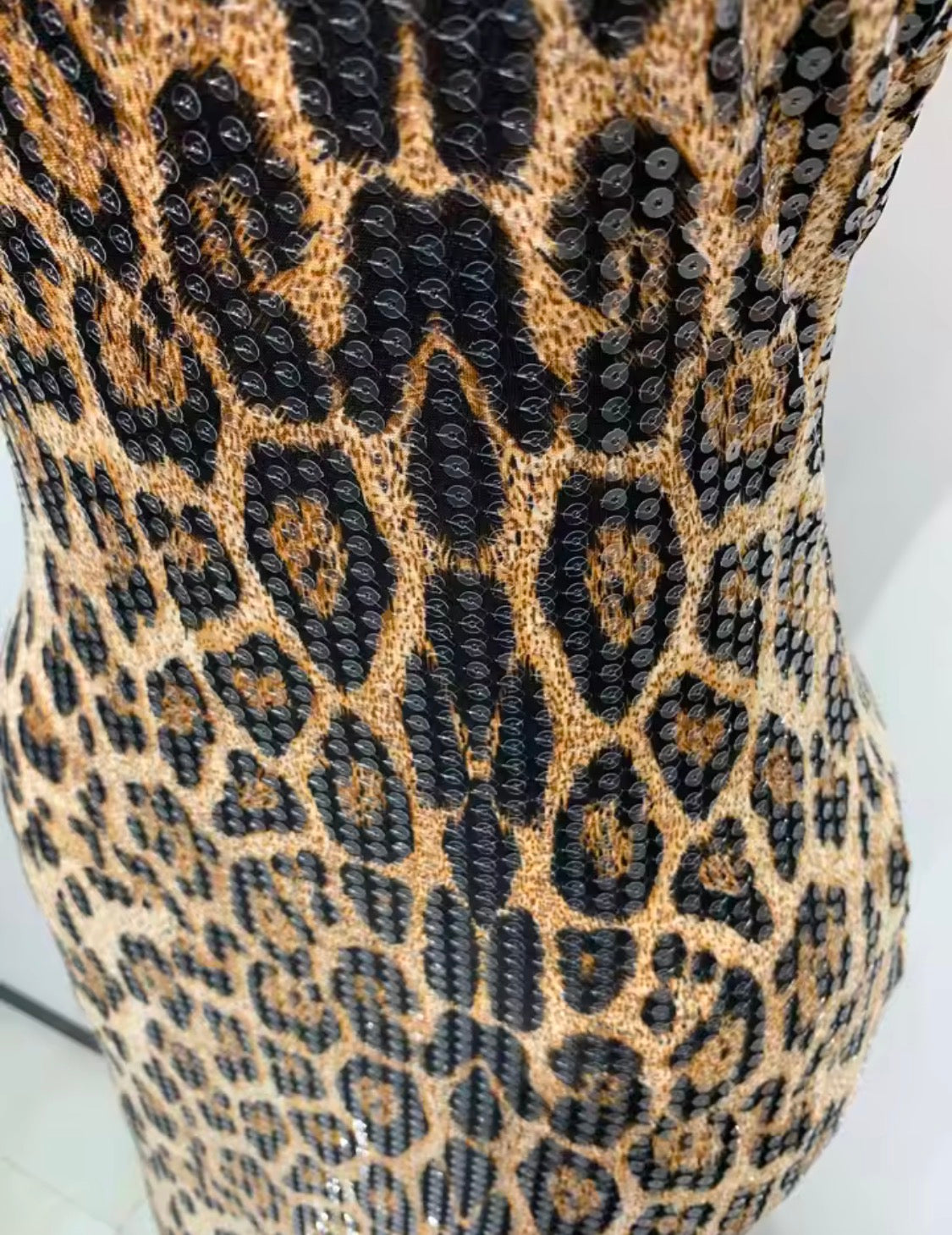 Sequin Leopard Print Prom Dress, Halter Neck Backless Evening Gown, Glam Mermaid High Collar Formal Dress, Animal Print Party Dress