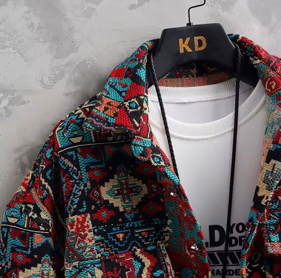 Thick Retro Men's Tapestry Jacket | Vintage Inspired Graffiti and Solar System Streetwear Shacket | Heavyweight Patterned Button-Down Coat