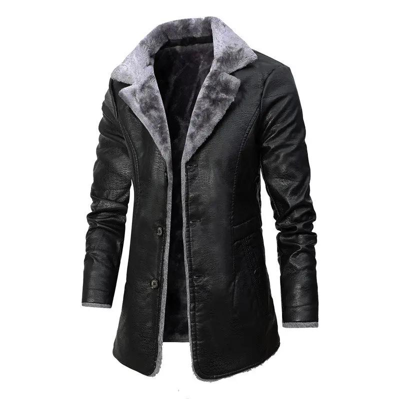 Plush Lapel Leather Jacket Winter Warm Fleece Single-breasted Coat For Men Long Clothing Cjdropshipping