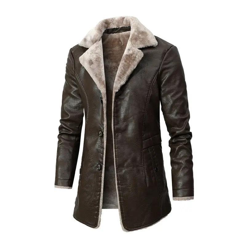 Plush Lapel Leather Jacket Winter Warm Fleece Single-breasted Coat For Men Long Clothing Cjdropshipping