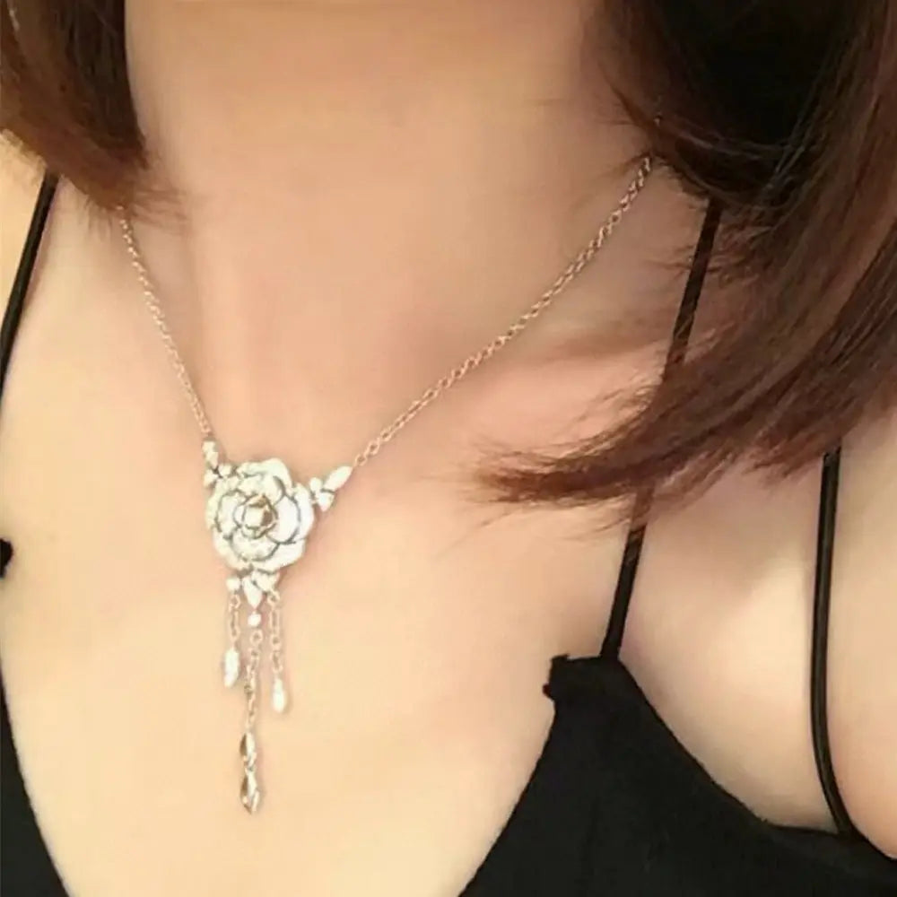 Female 925 Silver Inlaid Zirconia Diamond Camellia Tassel Necklace Cjdropshipping
