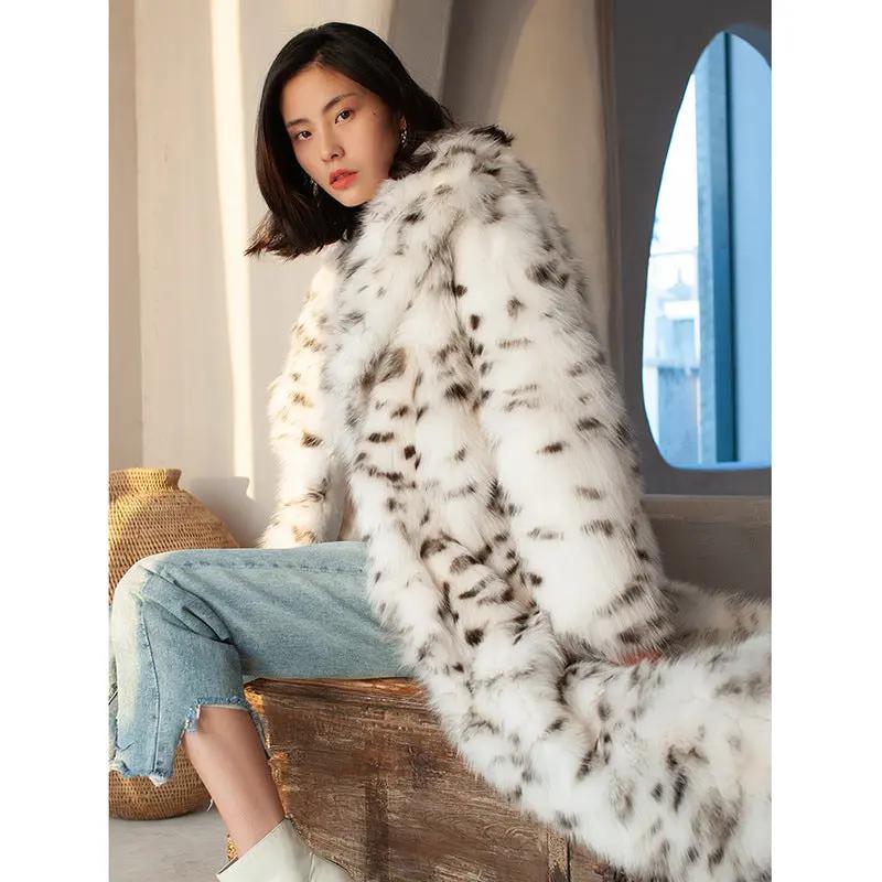 Ladies Fur Jacket Faux Fox Fur Coat Black Dot Leopard Print Long Suit JNi3 shop