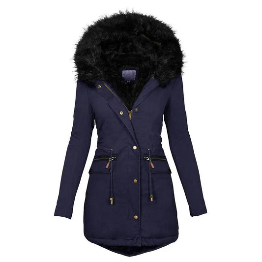 Women's Solid Colorfur Collar Hooded Mid-length Warm Cotton Coat Cjdropshipping
